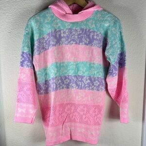 Vintage Pastel Stripe Hooded Knit Sweater - Pink, teal Mint & Lavender